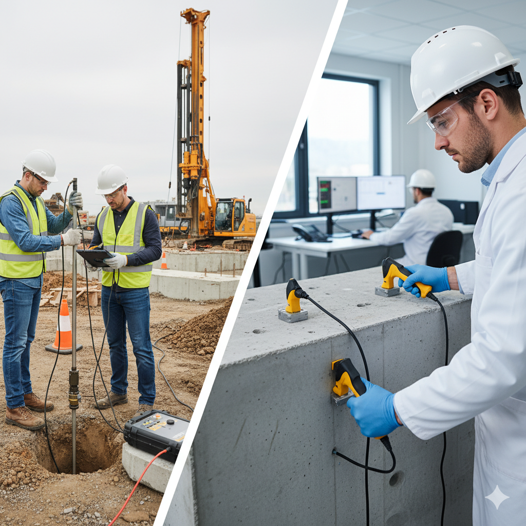 Cross hole logging and ultrasonic pulse velocity testing on concrete
