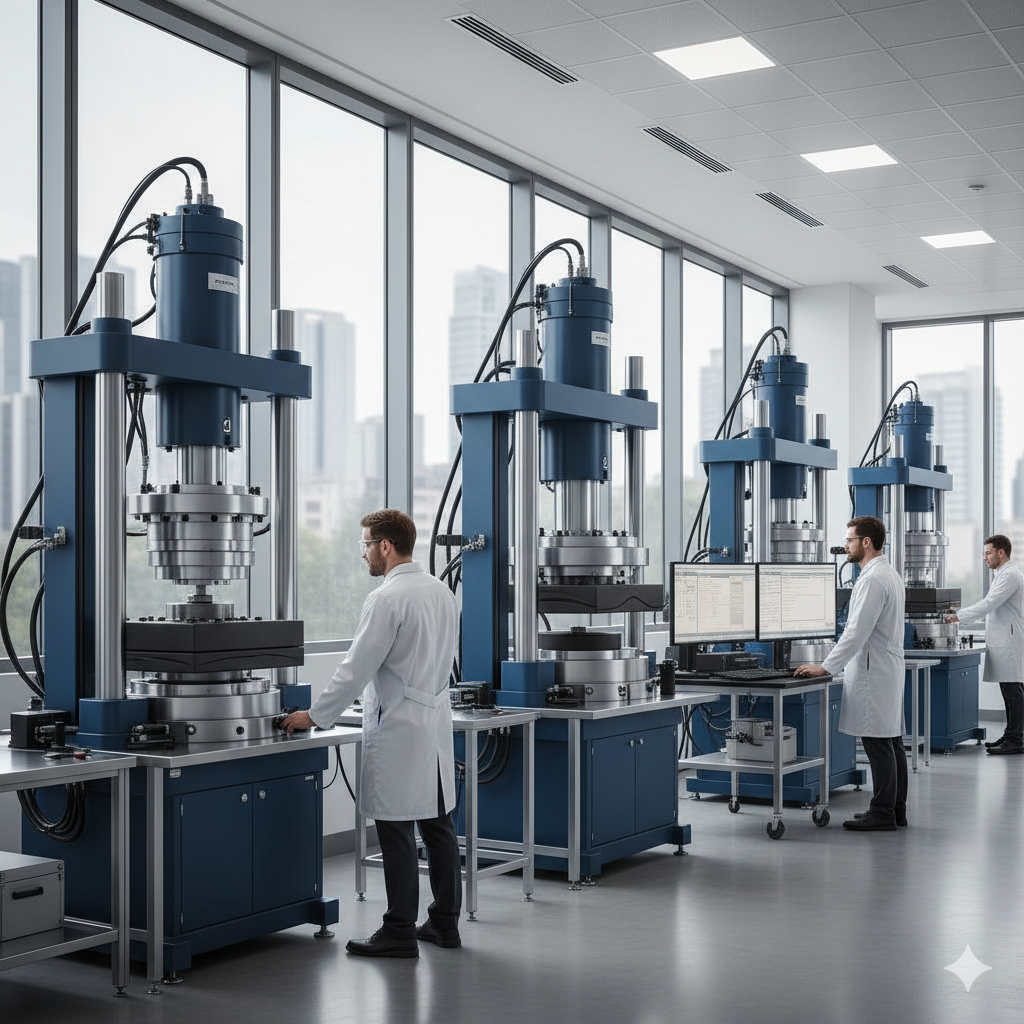 Bridge bearing testing lab with engineers and modern equipment